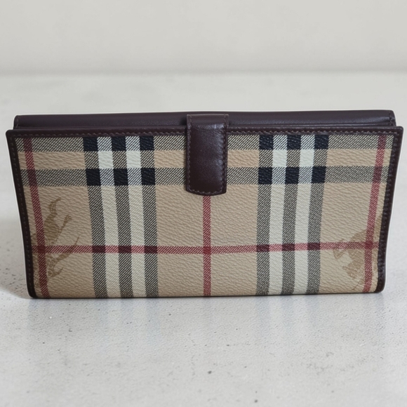 Burberry Haymarket Nova Check Bifold Wallet Brown Leather Gold Buckle Italy - Picture 2 of 15